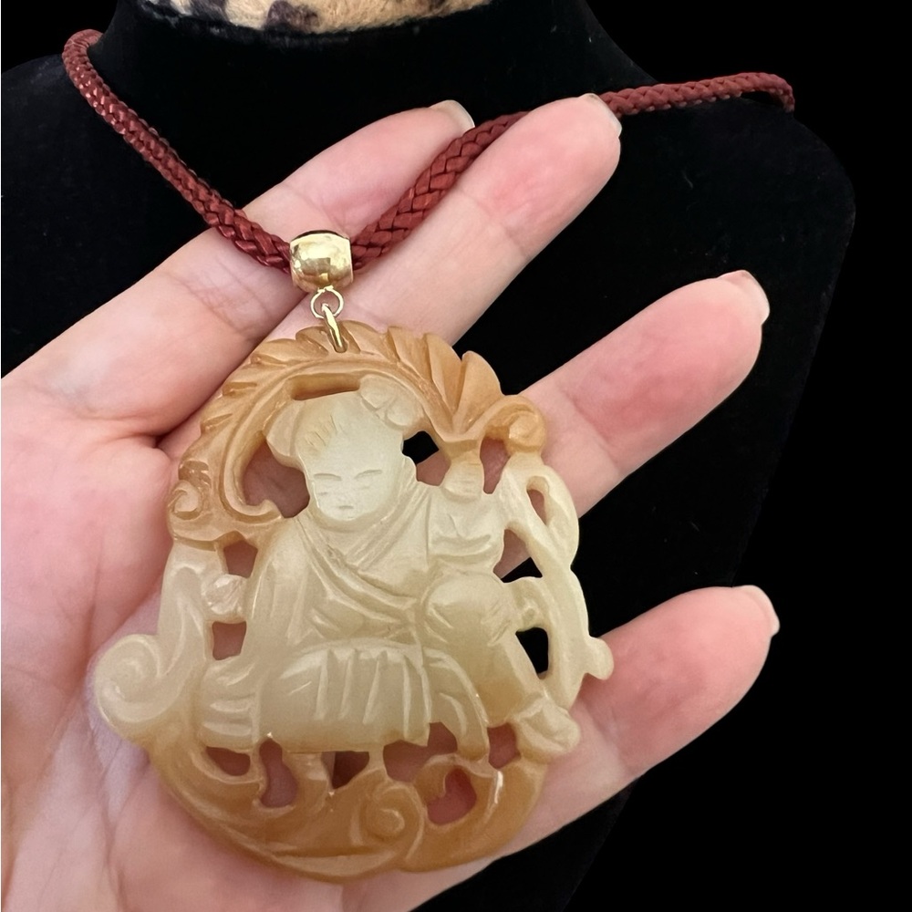 Vintage CHINESE Translucent Carved Boy Design Pendant Double Sided